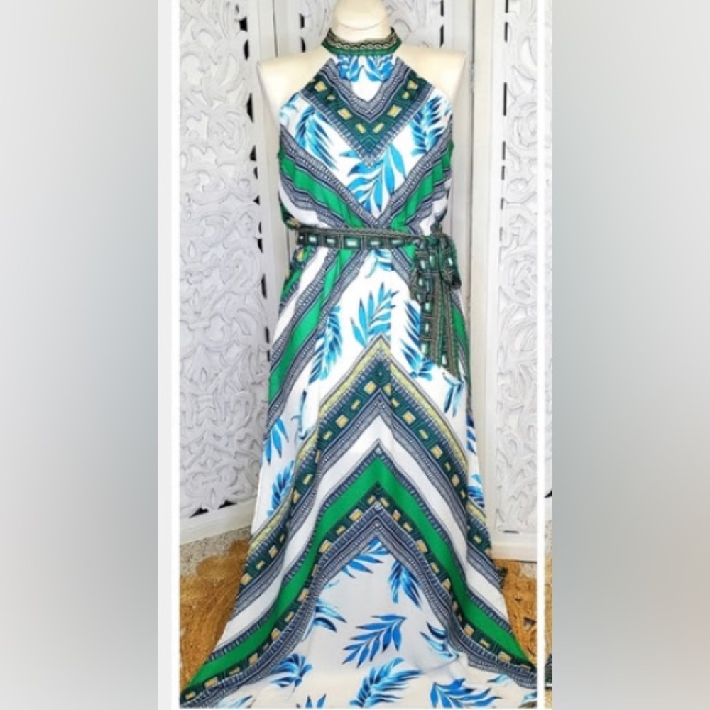 SOLD - Jealous Tomato Geometric Palm Halter Maxi Dress